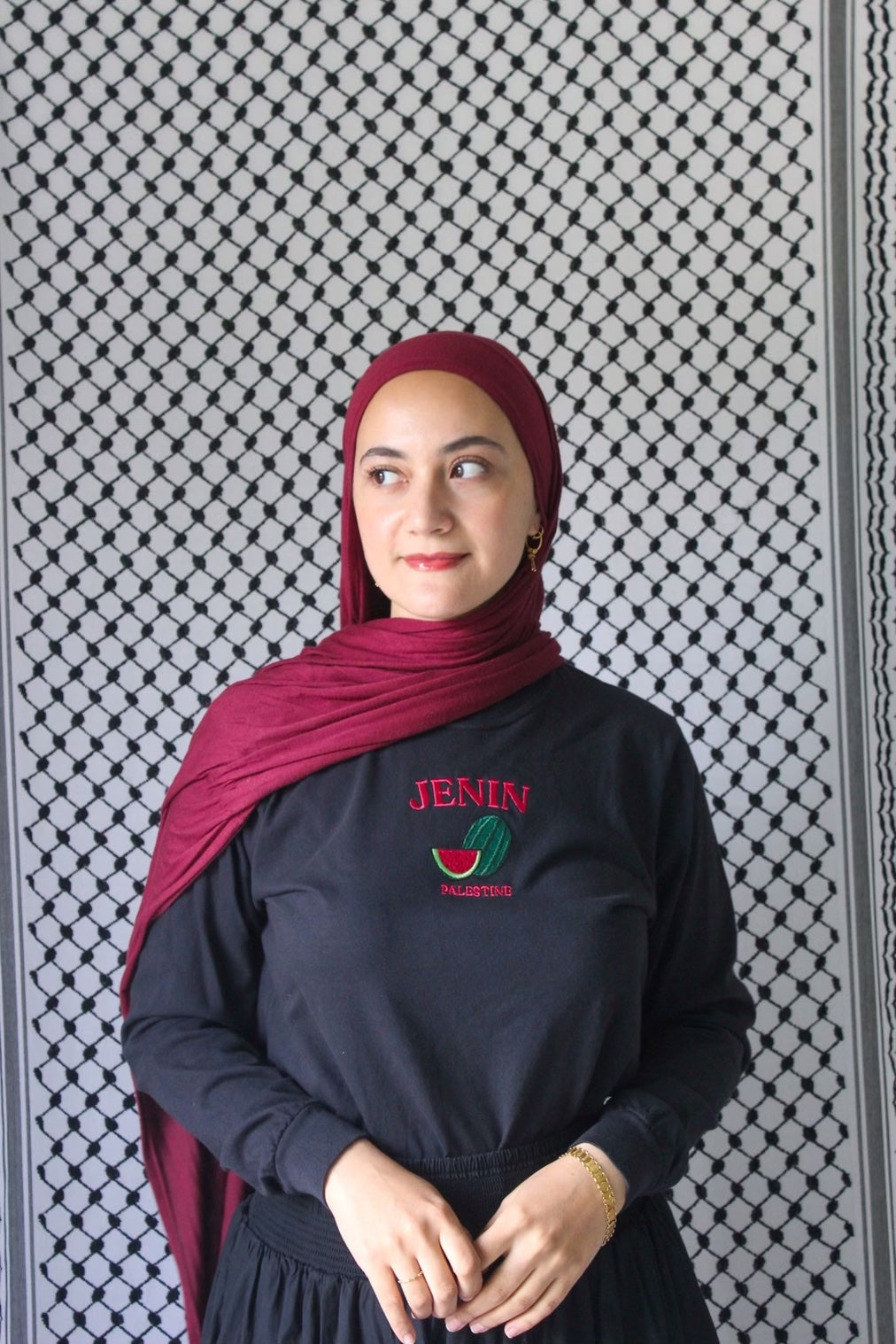 Jenin, Palestine Embroidered Long Sleeve Black T-shirt