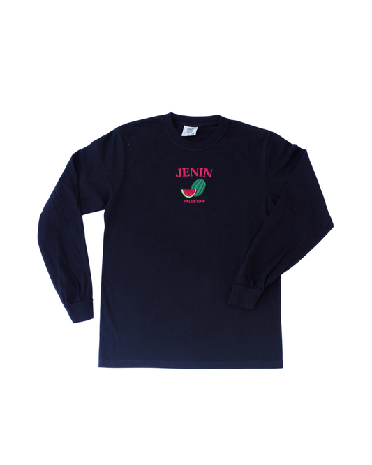 Jenin, Palestine Embroidered Long Sleeve Black T-shirt